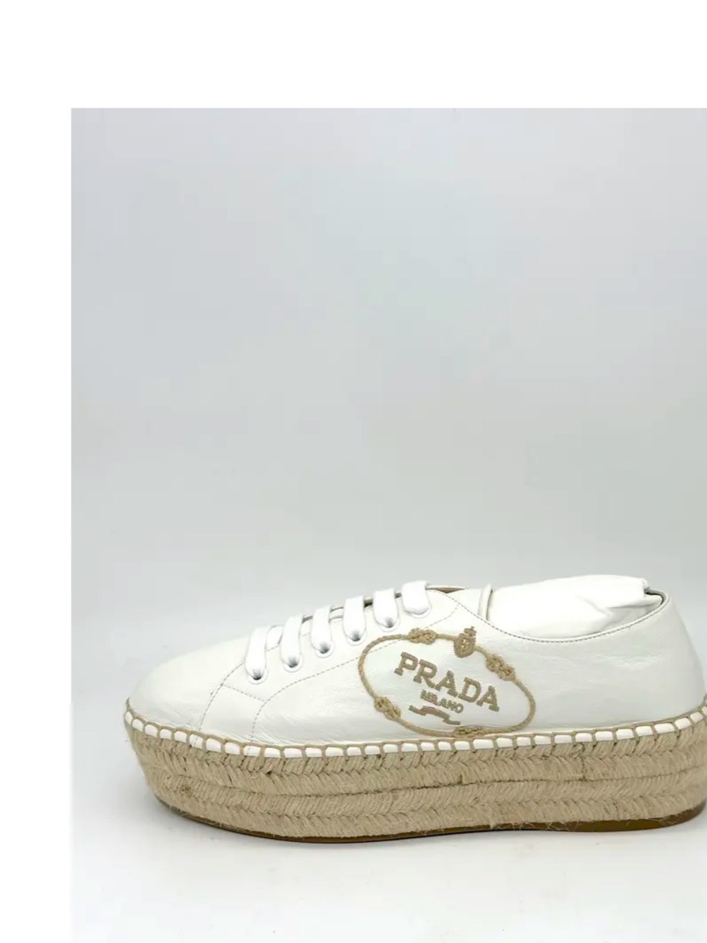 PRADA White Leather Espadrille Platform Sneaker with Jute Sole 38